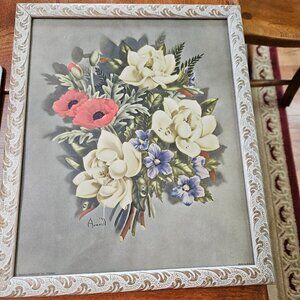 1940 Averill floral framed  picture w/ peonies & red poppies violets & ferns